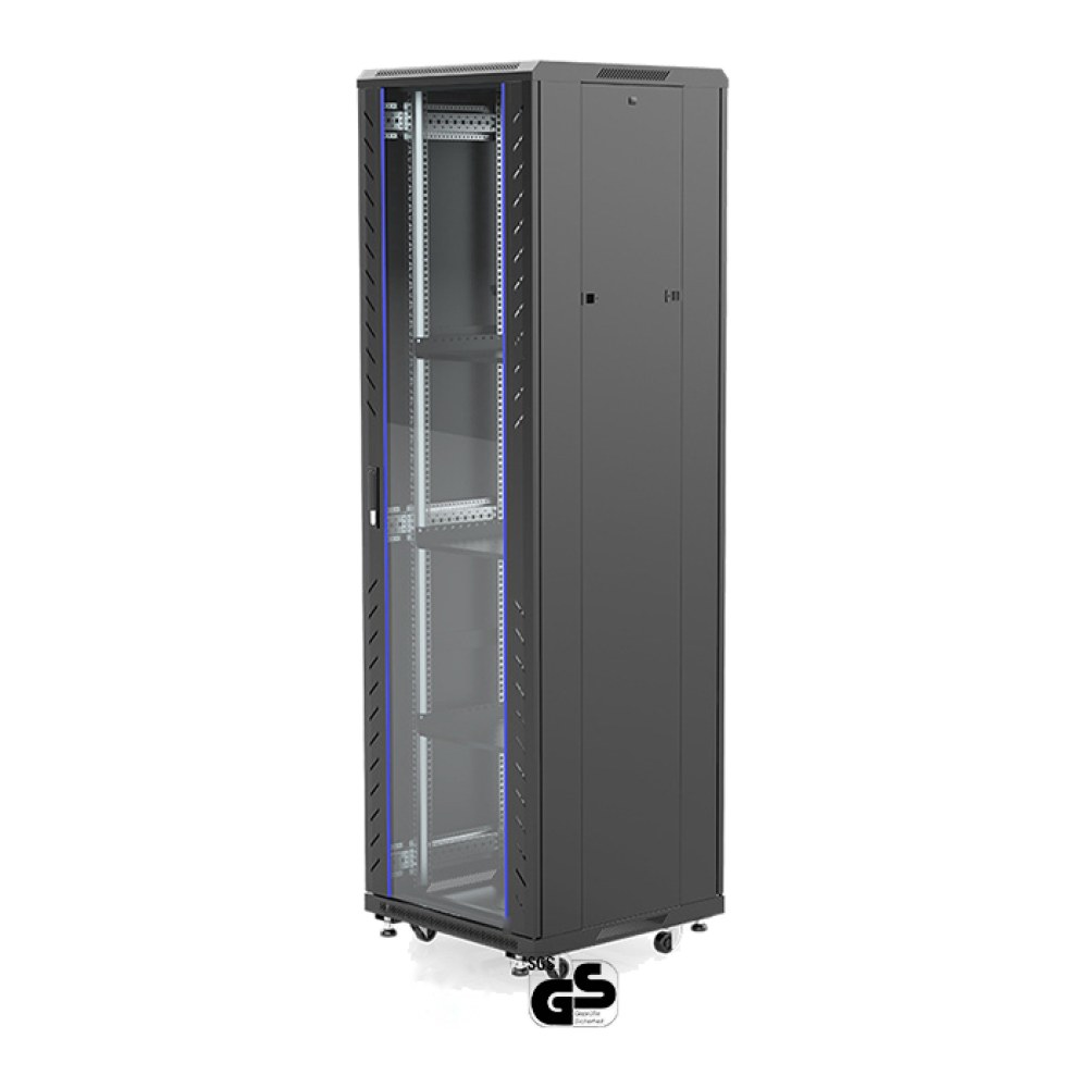 [SMIC-RK-0004] 19" floor-standing cabinet, glass front and mesh rear door, 800 kg load